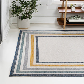 Pollux Classic Coastal Mitred Stripe Reversible Machine-Washable Indoor/Outdoor Area Rug